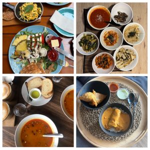 Plantbased food- Curries, soups, and rice dishes. Indian Food, Icelandic food, Korean food and an Continental breakfast.