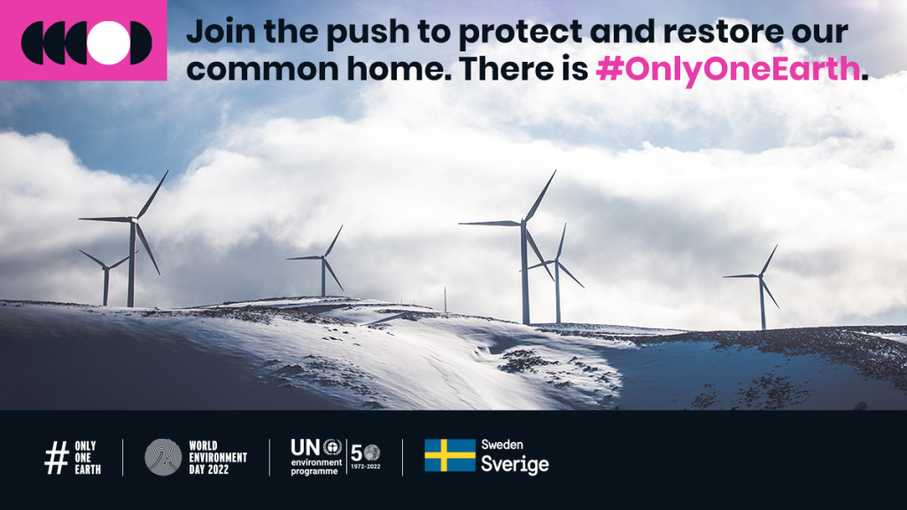 OnlyOneEarth Practical Guide, published by UNEP. A graphic designed by UNEP. Green photo- green energy by wind turbines. Turbines on a hill. Snow and winter image.